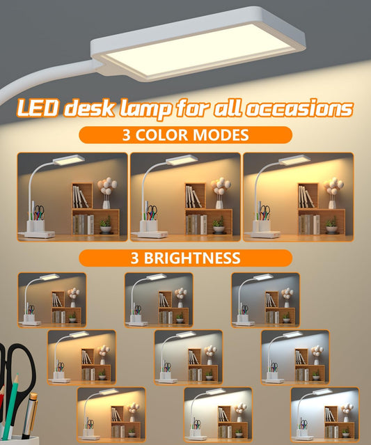 LED Desk Lamp for Dorm USB A/C Charger Pen Holder 3 Light Modes White