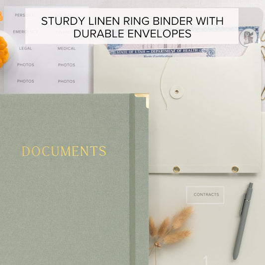 Important Document Organizer Set with Folders - Complete Linen Ring Binder