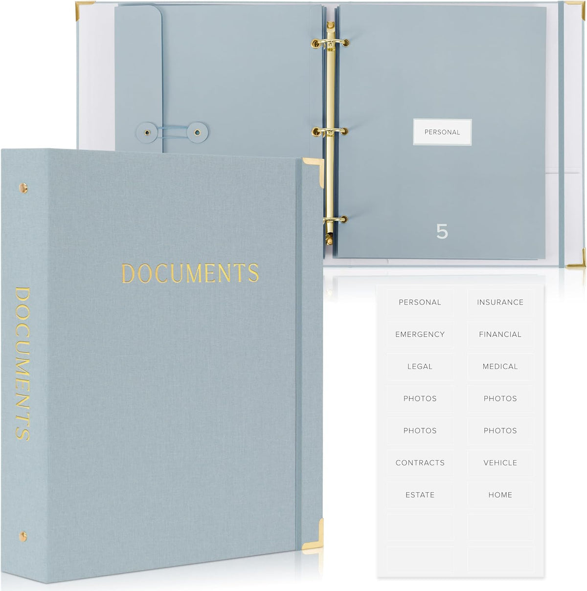 Important Document Organizer Set with Folders - Complete Linen Ring Binder