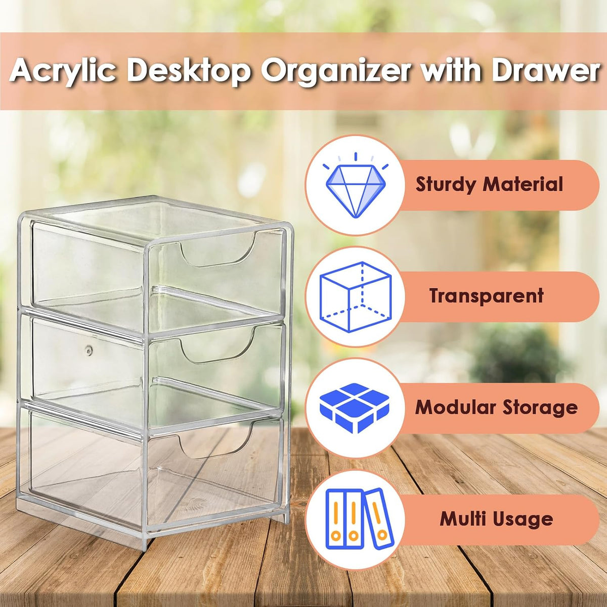 1 Pack Small Acrylic Storage Organizer with Drawers, 3-Layer