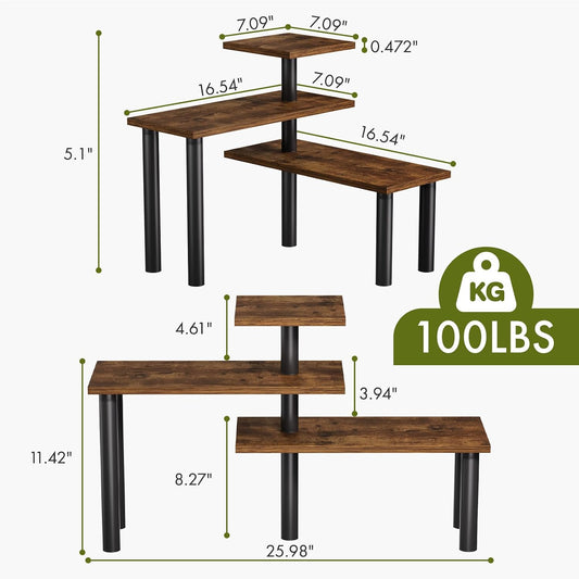 3-Tier Corner Countertop Organizer – Kitchen Counter & Bathroom Vanity Organizer, Coffee Bar Corner Shelf, Spice Rack Stand, L-Shaped Space-Saving Storage, Rustic Brown and Black, Wood