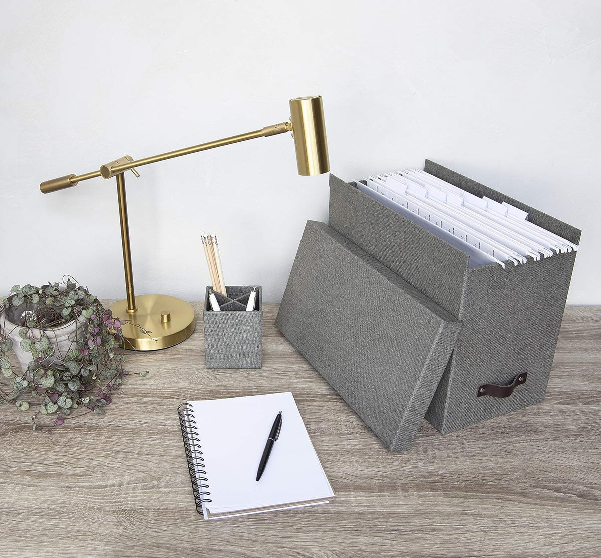 John Desktop File Box - Storage Solution and Document Organizer for Important Paperwork - Durable Hanging File Box with a Lid and Leather Handle - 7.36 in x 13.26 in x 10.51 in - Ash