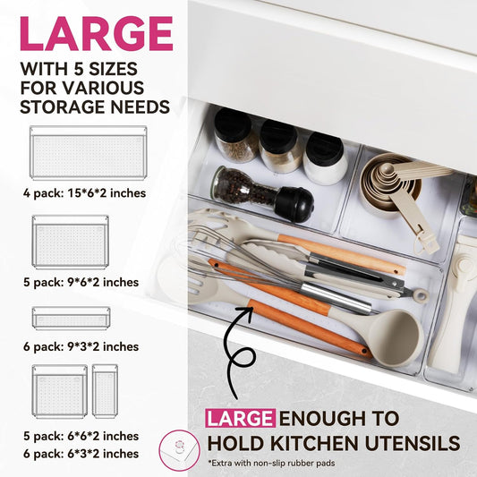 Large Drawer Organizer Bins | Complete 5 Size Clear Plastic Kitchen Drawer Organizers for Utensils | Bathroom Drawer Organizer Trays | Versatile for Makeup Office Organization