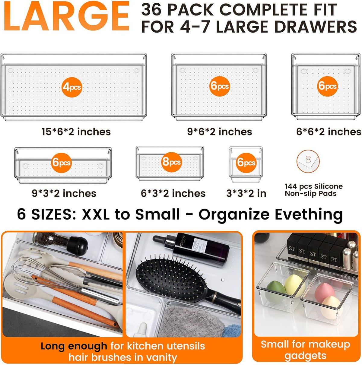 Large Drawer Organizer Bins | Complete 5 Size Clear Plastic Kitchen Drawer Organizers for Utensils | Bathroom Drawer Organizer Trays | Versatile for Makeup Office Organization