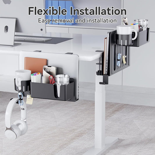 7 in 1 Desk Side Organizer Set, Under Desk Laptop Holder Storage, No Drill Laptop Stand Mount with 2 Cup Holder, Pen Holder, Headphone Hanger and 2 Pin Magnet, Detachable Hanging Stand