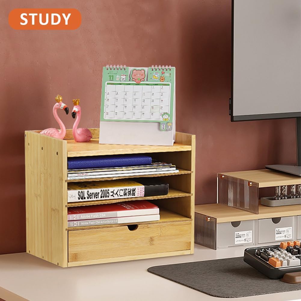 5-Tier Bamboo Desk Organizer with Drawer Tabletop File Organizer Document Holder with Shelf Desktop Cabinet for Home Office School Supplies (Natural)