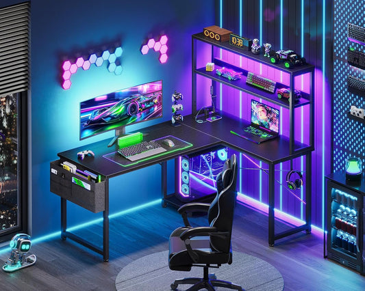 L Shaped Desk Gaming Desk with LED Light & Power Outlet