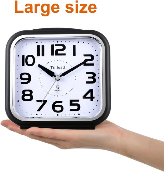 5.5" Large Analog Alarm Clock Silent Non Ticking, Gentle Wake, Beep Sounds, Increasing Volume, Battery Operated Snooze and Manual Light, Easy Set, Black (Best for Elder)