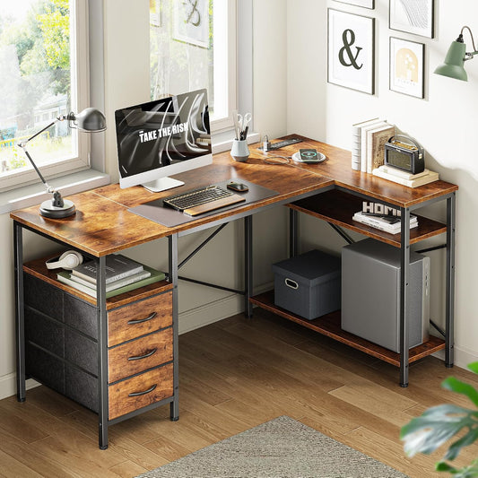 L Shaped Office Desk with Power Outlets & 3 Drawers