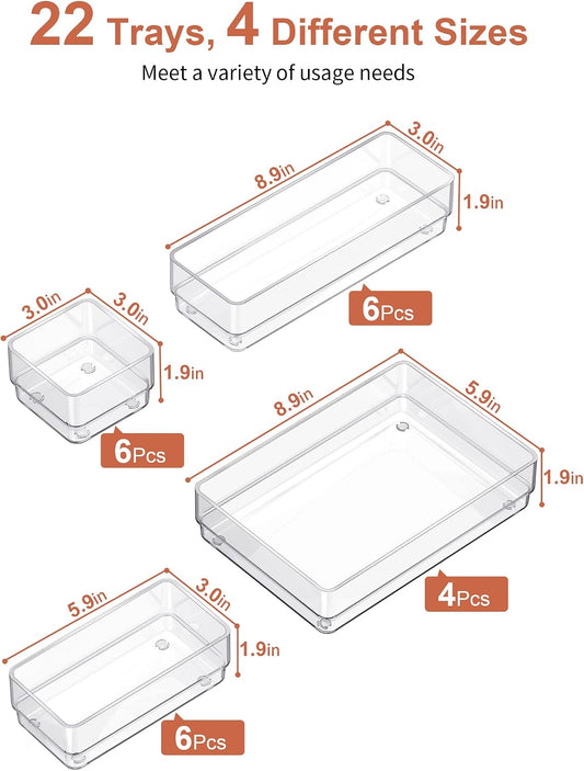 22 PCS Drawer Organizer, 4-Size Desk Bathroom Drawer Organizer