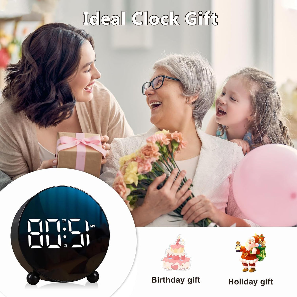 Small Round LED Display Digital Alarm Clock with Double Bell