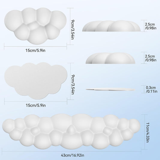 Cloud Keyboard Wrist Rest Set, Cloud Wrist Rest with Non-Slip Base, PU Leather Wrist Pad for Keyboard with Ergonomic Memory Foam for Computer Laptop Office Gaming and Pain Relief, White