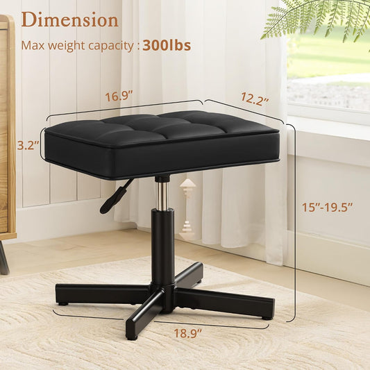 Adjustable Vanity Stool, Foot Rest Under Desk, 360° Swivel Vanity Chair for Makeup Room, Black Upholstered Faux Leather Ottoman for Bathroom & Living Room, 300lbs