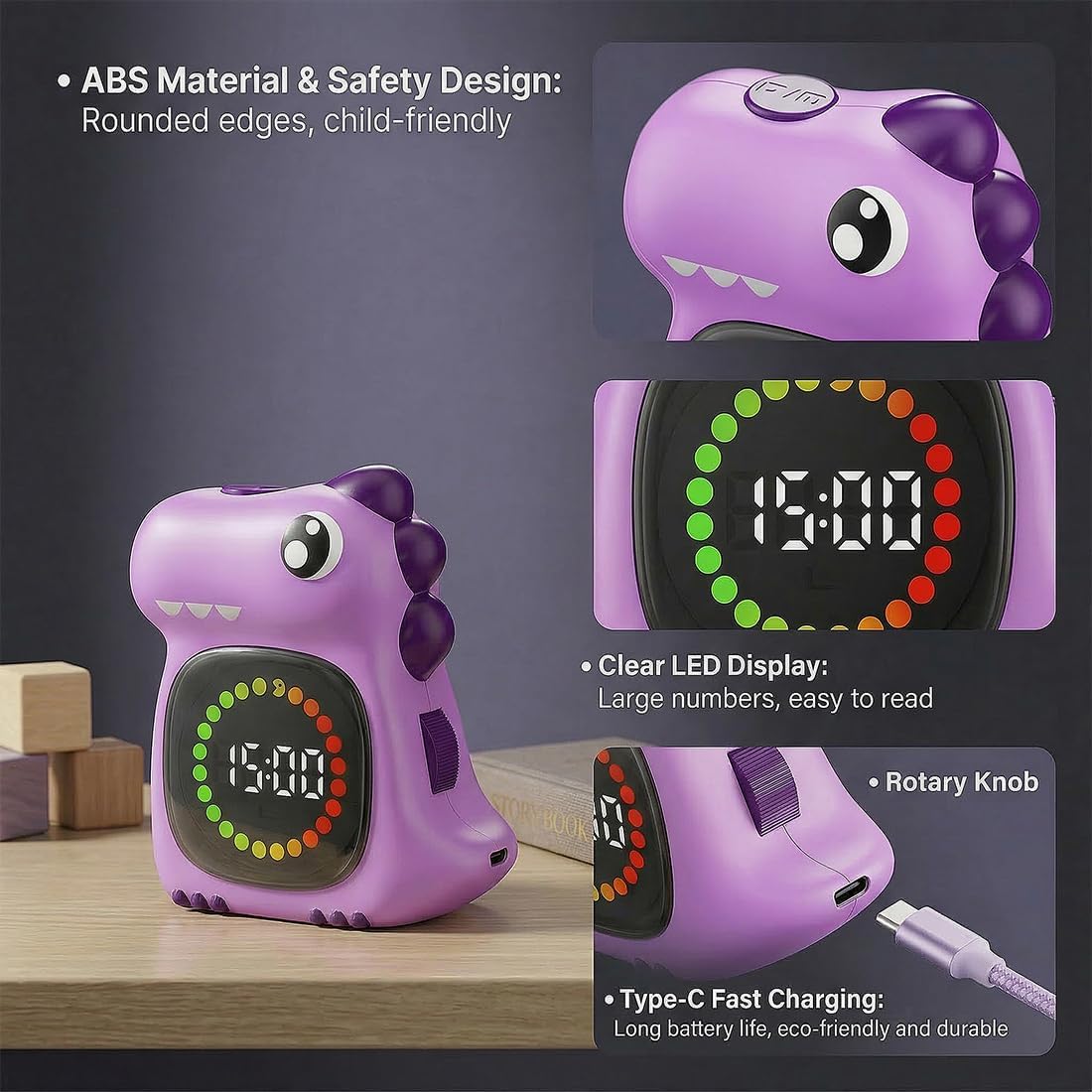 Visual Timer for Kids, Blue Dinosaur Digital Toddler Timer Visual Countdown