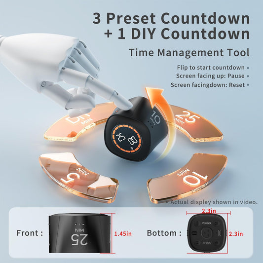 Cube Productivity Timer, 25/5/10/45 Min Presets, Desk Flip Timer for Pomodoro Study Sessions, Vibration & Custom Modes for ADHD, Work, Study & Kitchen (Black)