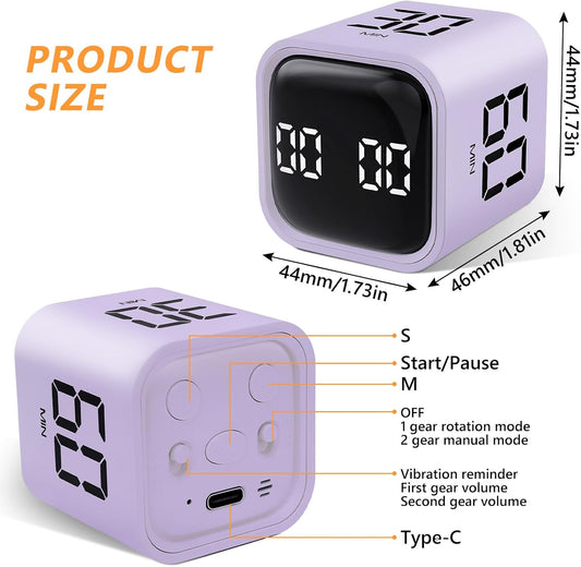 Multi-Function Cube Timer, 5/10/30/60 Min & Custom Count Down, Included Pause & Resume Feature, Silent, Vibrate & Adjustable Sound Alarm for Productivity in Tasks, Study & Kitchen, Purple