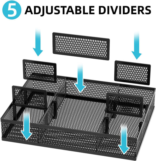 2 Pack Desk Drawer Organizer, Mesh Drawer Organizer Tray with 8 Adjustable Compartments, Desk Organizers and Accessories, 5 Dividers Drawer for Office Supplies, Makeup & Vanity (Black)