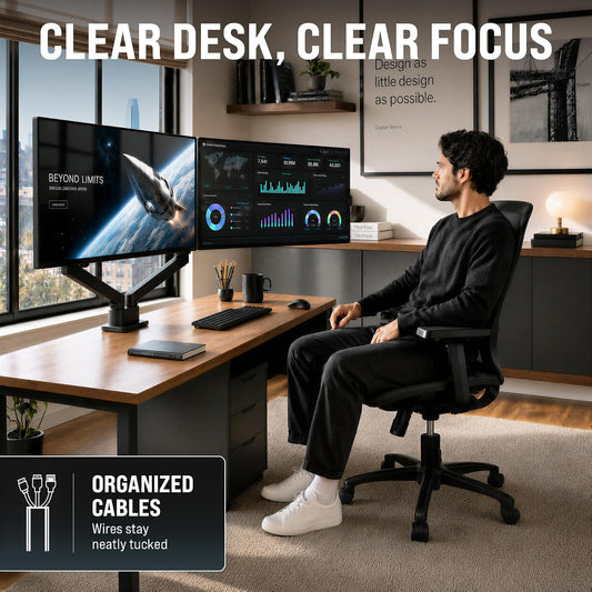 Premium Dual Monitor Mount 14"-32” Dual Monitor Arm VESA Bracket Adjustable Height Gas Spring Dual Monitor Stand, Screen Full Motion Dual Monitor Arm-Computer Monitor Stand for 2 Screens - Black