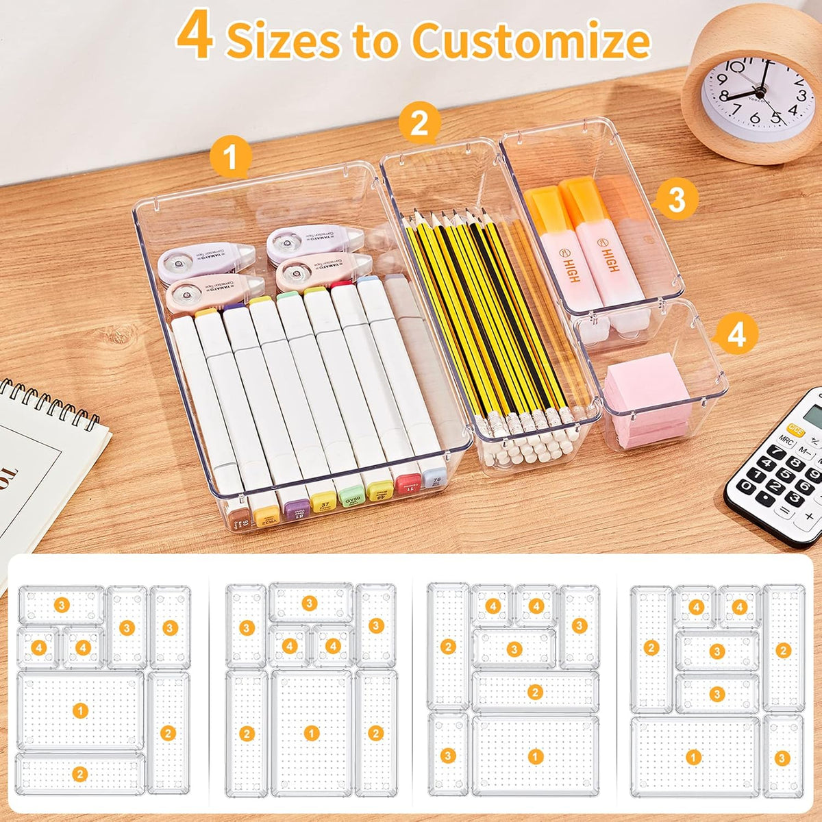 Drawer Organizers with Non-Slip Silicone Pads, 5-Size