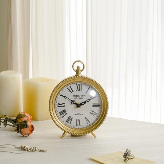 Gold Table Clock, Silent Non-Ticking Shelf Desk Top Clock Battery Operated Classic Design, Decorative Home Decor for Living Room, Fireplace Mantel, Desktop, Countertop