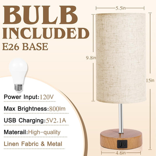 Nightstand Lamp, Touch Dimmable with USB-C Charging & Bulb
