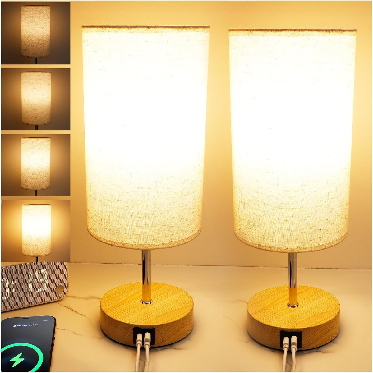 Nightstand Lamp, Touch Dimmable with USB-C Charging & Bulb