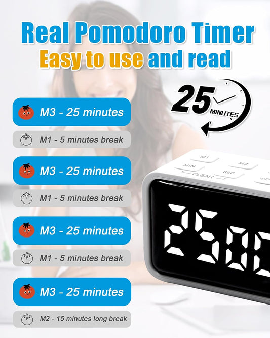 Digital Pomodoro Timer for Desk Productivity, 5/15/25-Minute Default Settings, Small Timer for Kids, Study & Tasks, USB Rechargeable Time Management Tool