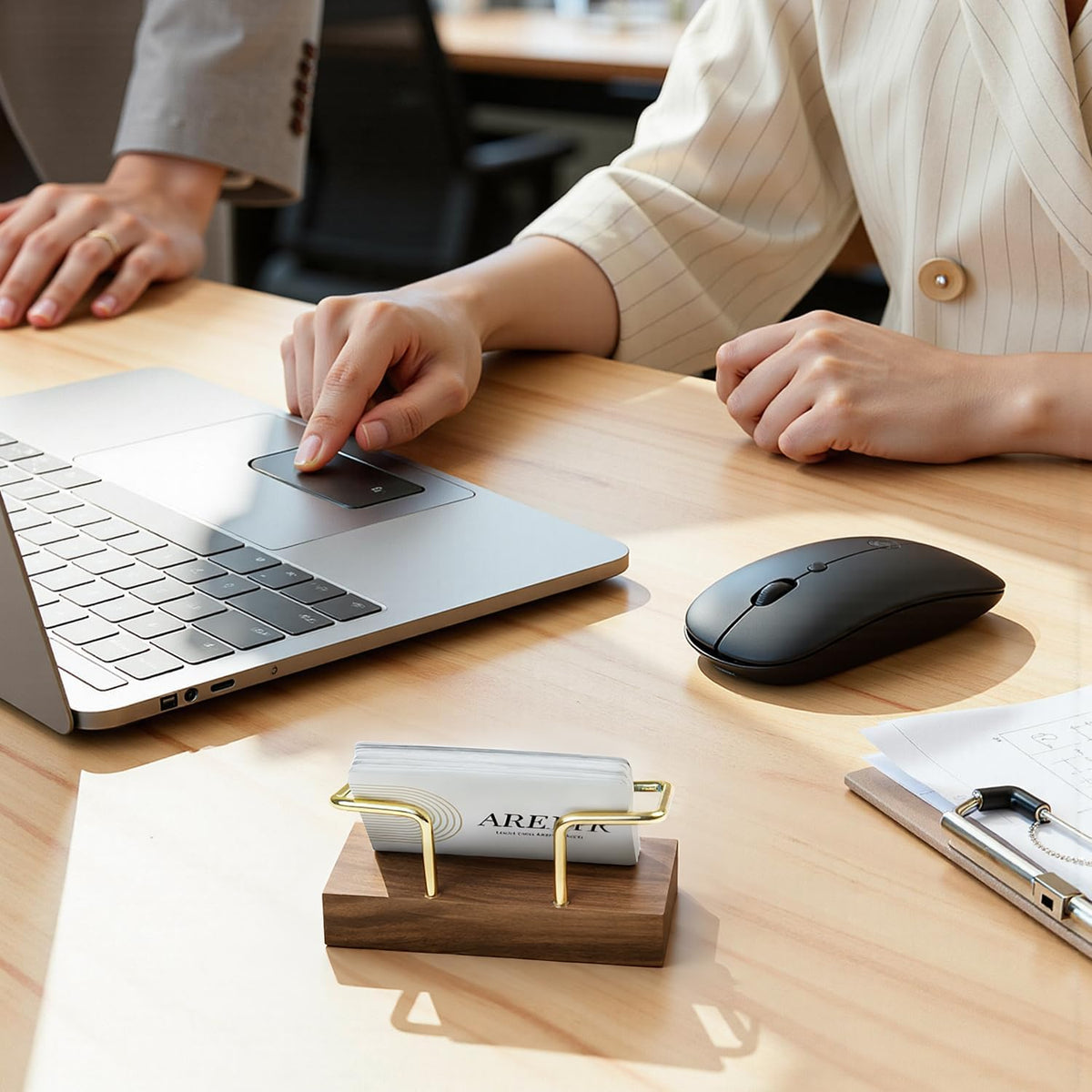 Business Card Holder for Desk, Minimalist Office Wooden Organizer