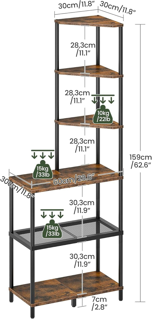 6-Tier Corner Shelf, Industrial Corner Bookshelf with Desk Top, Diamond-Shaped Storage Shelves, Display Stand for Small Spaces, Living Room, Home Office, Foyer, Rustic Brown and Black TCJ70BF