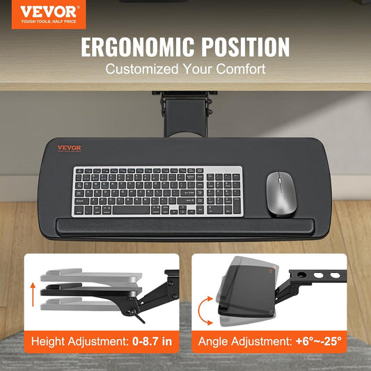 Under-Desk Keyboard Tray, Adjustable for Height and Tilt, Slide-Out Design, Spacious 25x9.8 Inch Surface, Ideal for Home and Office Use
