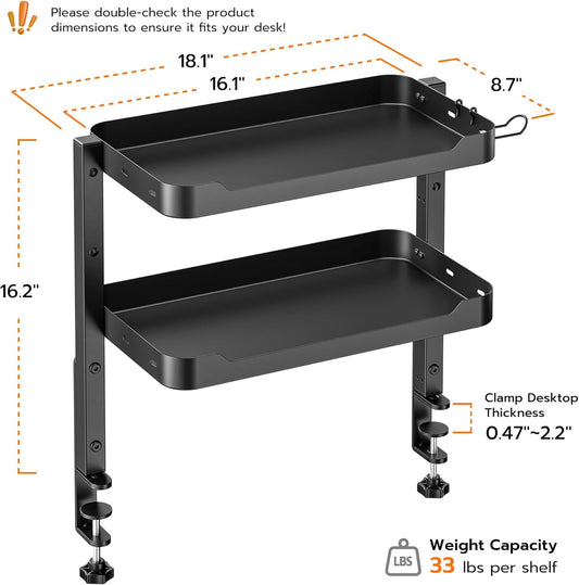 2-Tier 16 inch Clamp On Desk Shelf, Above or Under Desk Storage