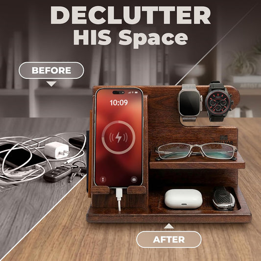 Wood Phone Docking Station for Men - Desktop or Nightstand Organizer - Birthday Gifts for Men, Dad - Anniversary Idea from Wife - Key Holder, Stand Wallet, Watch & Essentials (Bourbon Brown)