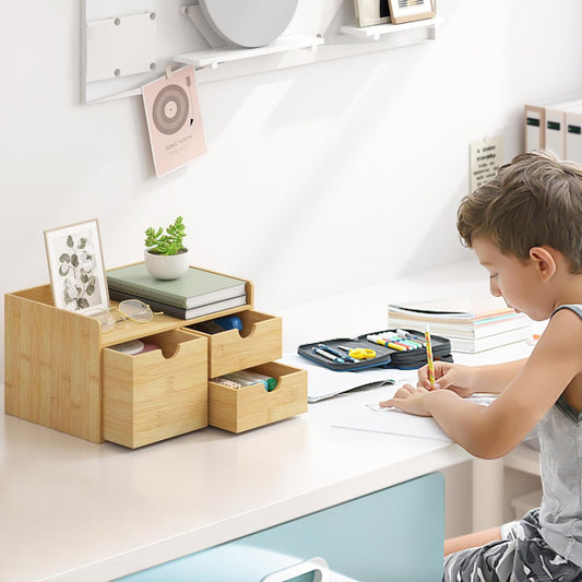 Bamboo Desk Organizer with Drawers, Desktop Storage for Office Supplies