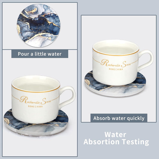 Coasters Set of 6, Navy Blue Marble Abstract Ceramic Coasters with Holder