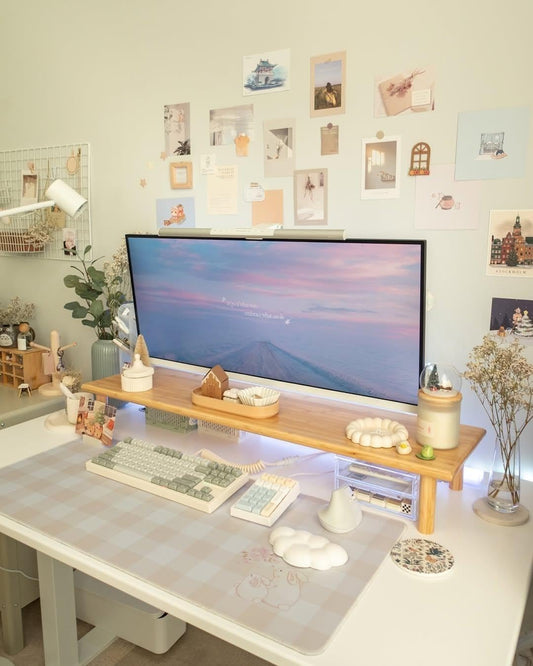Bamboo Dual Monitor Stand Riser, Natural Desktop Shelf with Storage