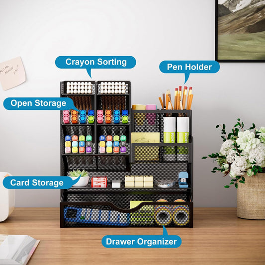 Mesh Pen Holder for Desk, Multi-Functional Pencil Organizer with Drawer, Desk Organizers and Accessories for Office Art Supplies (Black)