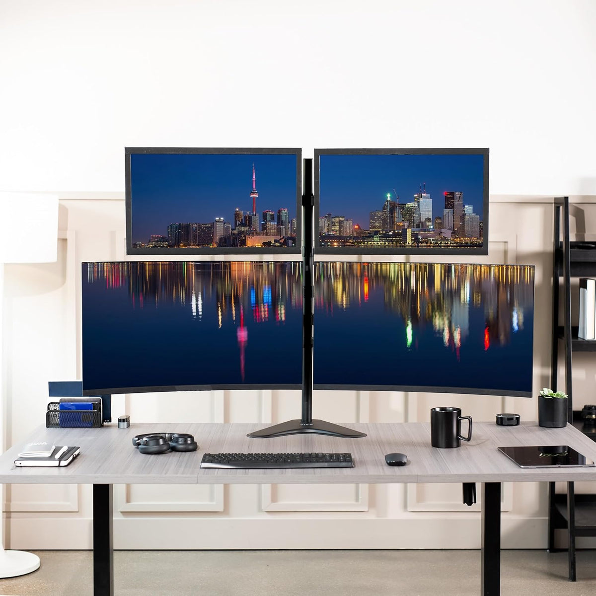 Dual 13 to 30 inch Monitor Free-Standing Mount, Fully Adjustable Desk Stand, Holds 2 Flat or Curved Display Screens, STAND-V102F