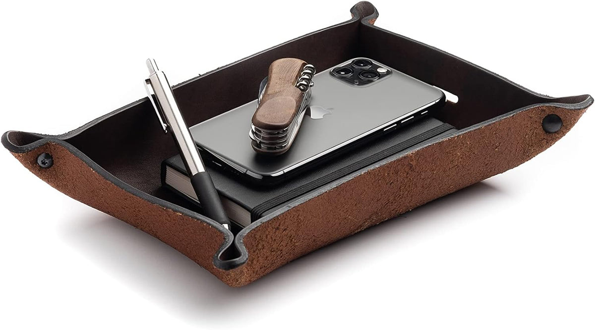 Leather Valet Tray for Men – Rustic EDC Organizer for Keys, Phone & Wallet – Made in USA – Whiskey Barrel Brown