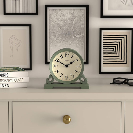 ® Saloon Mantel Clock | Small Traditional Double Scroll Design | Green | Contemporary Classic Style for Desk, Table, Shelf or Bedside
