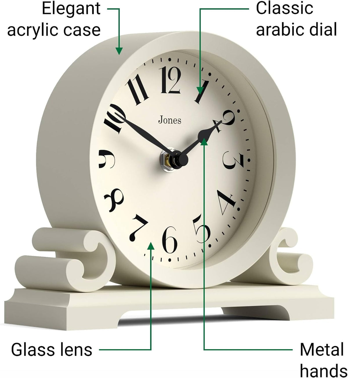 ® Saloon Mantel Clock | Small Traditional Double Scroll Design | Green | Contemporary Classic Style for Desk, Table, Shelf or Bedside