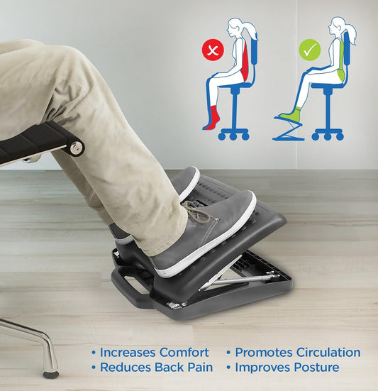 ! Under Desk Footrest Adjustable Height & Tilt Foot Rest Under Desk (3"–15") with Massage Rollers, Large Non Slip Ergonomic Office Foot Stool for Home Office & Workstation