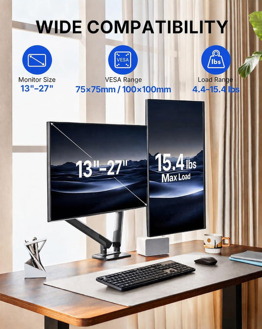 FlowLift Pro Dual Monitor Mount for 13–27" Screens, MechaSpring Monitor Stand, Adjustable Monitor Arms for 2 Monitors with Tilt/Swivel/Rotation, Tool-Free VESA Mount, Max Load 15.4 lbs