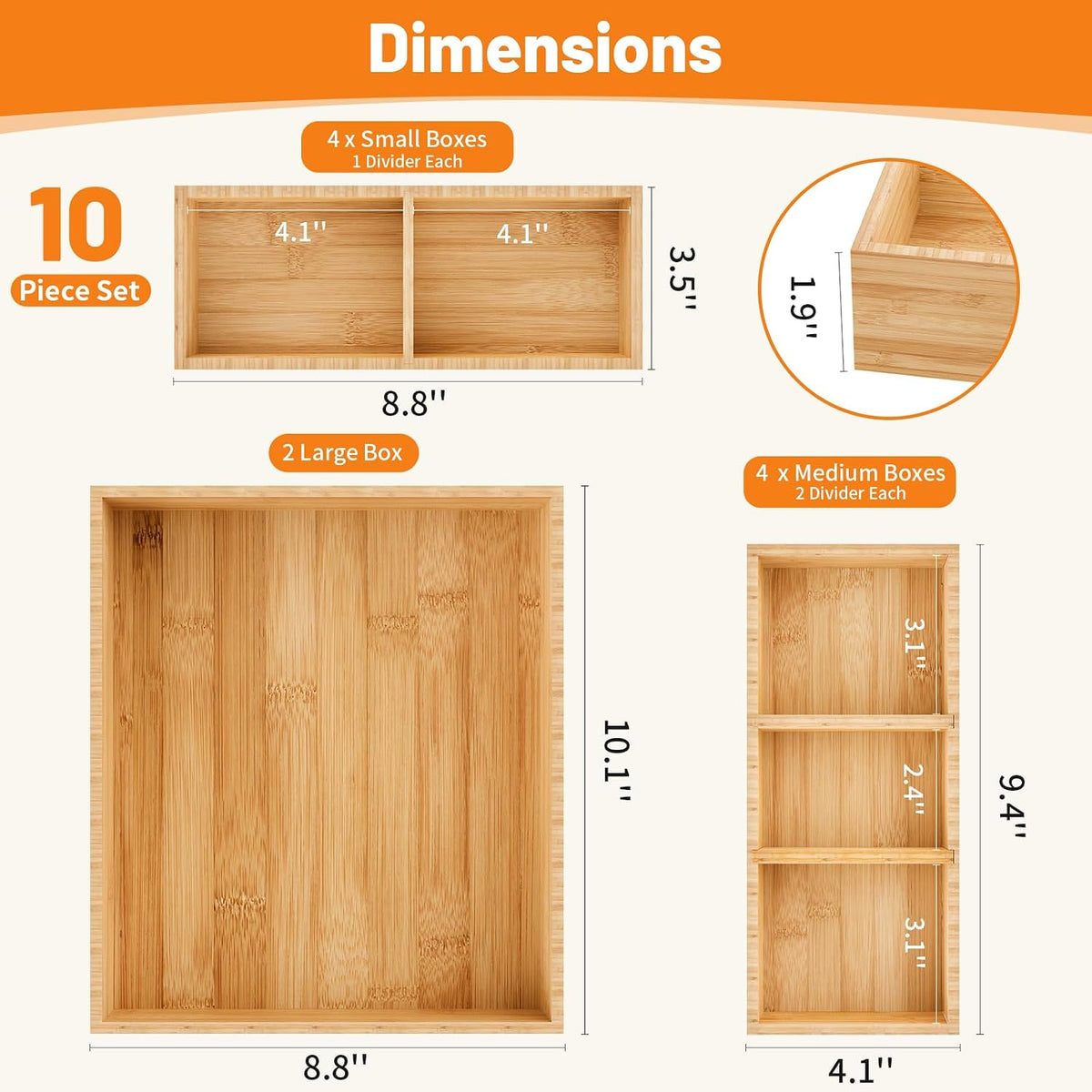 Bamboo Drawer Organizer, 5-Piece Stackable Trays with Removable Dividers