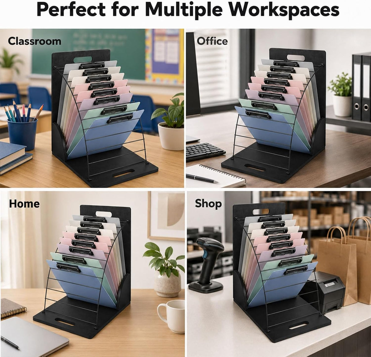2 Pack Clipboard Holder Organizer, 12 Slot Clipboard Storage Rack with Wood Side Panels and Metal Dividers, Clipboard Stand for Classroom Office Teacher Desk File Folder Whiteboard Organization