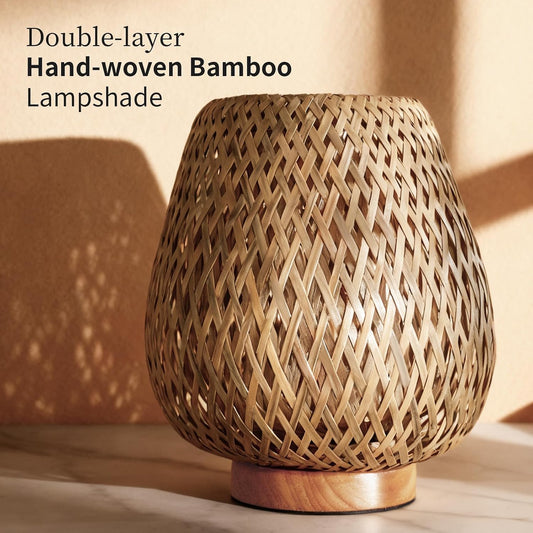 Boho Rattan Small Table Lamp with Double Layer Bamboo Woven Shade