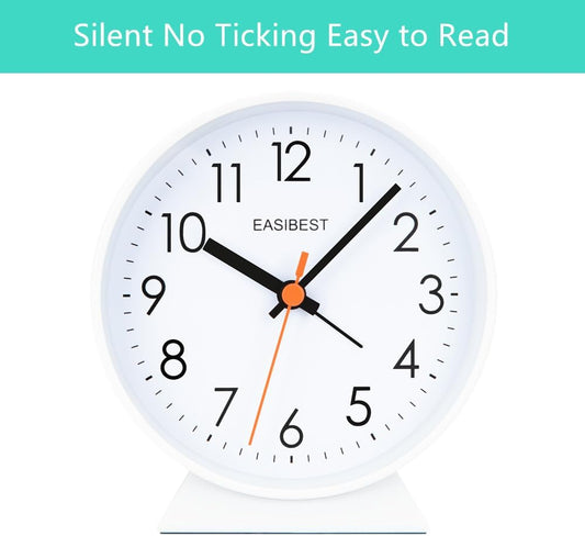 No Ticking Silent Alarm Clock,Easy to Read and Use,Ascending Sound,1 AA Battery Operated,Snooze Light,Bedside Desk Clock,White