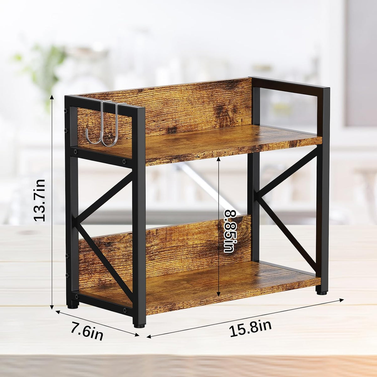 2 Tier Kitchen Counter Shelf Organizer, Coffee Bar Station Organizer for Countertop,Space Saving Spice Rack, Desk Shelf Riser, Coffee Bar Accessories(Rustic Brown, Medium)