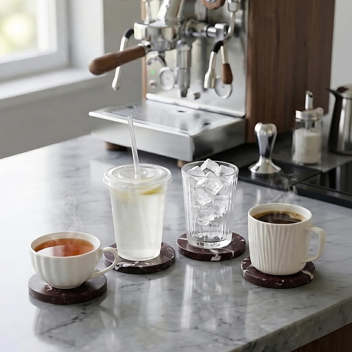 Natural Travertine Marble Coasters Set of 4-4" Round Stone Drink Coasters, Non-Slip Cork Backing, Housewarming Gift, Wedding, Protect Tables from Stains & Scratches (BD140)