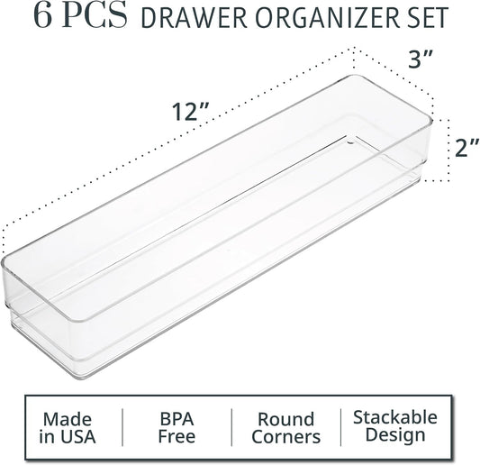 SimpleSort 6-Piece Stackable Clear Drawer Organizer Set | 12" x 3" x 2" Rectangle Trays | Narrow Makeup Vanity Storage Bins and Office Desk Drawer Dividers | Made in USA