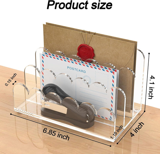 3-Slot Acrylic Mail Organizer for Desktop – Scalloped Clear Document Sorter, Vertical File Holder for Office/Home, Space-Saving Desk Organizer for Letters,Envelope,Bills,Stationery